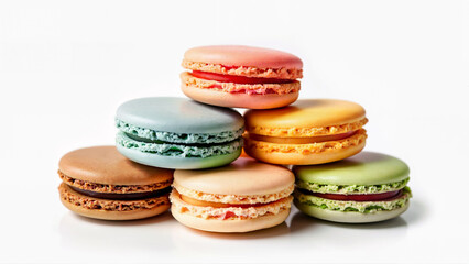 Fototapeta premium A fresh stack of assorted pastel macarons is isolated on a white background. Suitable for bakery promotions, dessert menus, and confectionery advertising