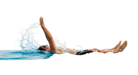 A swimmer executing a powerful backstroke in a clear pool, with splashes of water flying around under a bright sky