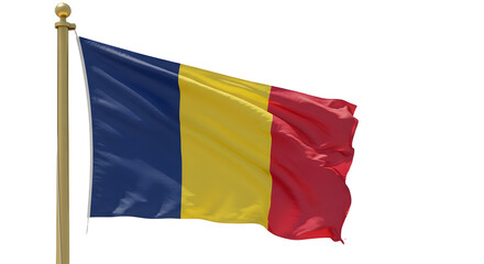 Vibrant flag of Romania waving in the wind, showcasing its blue, yellow, and red colors against a clear sky background