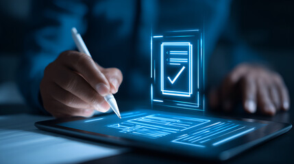 Digital Signature and Verification: A person using a stylus pen to digitally sign on a tablet, with a holographic depiction of a checkmark and a document, representing the authentication process.