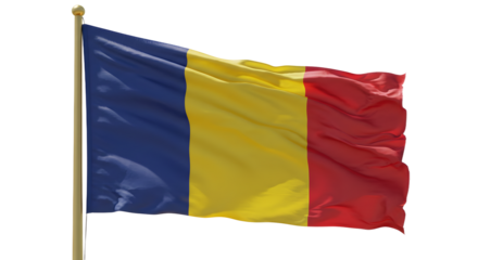 Vibrant flag of Romania waving in the wind, set against a clear blue sky, symbolizing national pride and unity