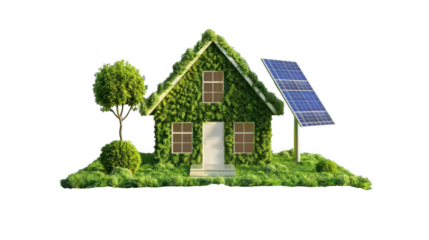 Eco friendly house covered in green ivy with solar panels and lush landscaping isolated on transparent background