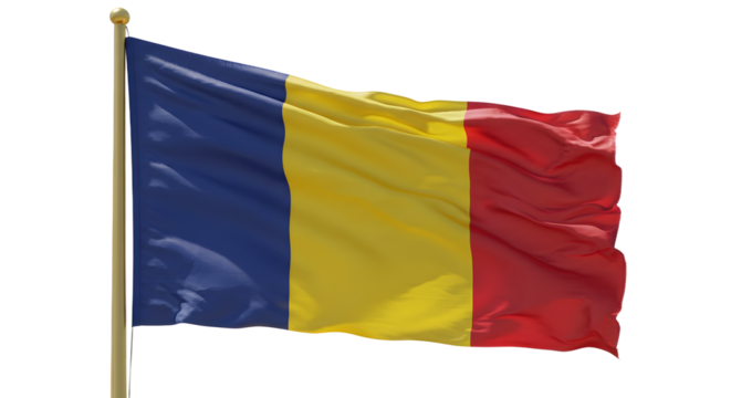 Vibrant flag of Romania waving in the wind, set against a clear blue sky, symbolizing national pride and unity
