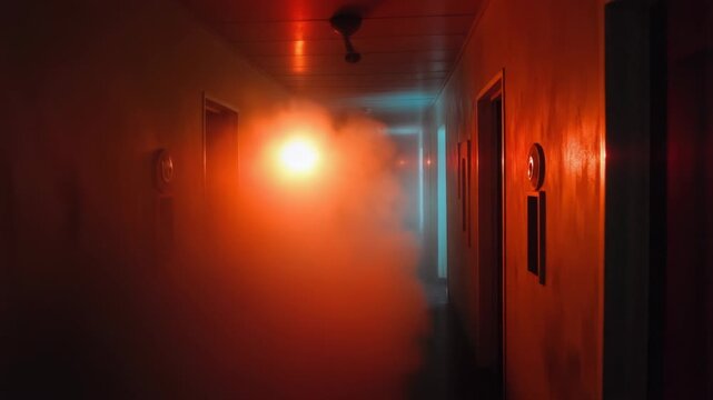 A long hallway with a bright red light in the middle, perfect for a dramatic or suspenseful scene