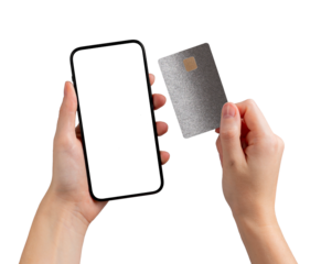 Screen in user hand. Card and smartphone used for ecommerce, money, mobile finance, application