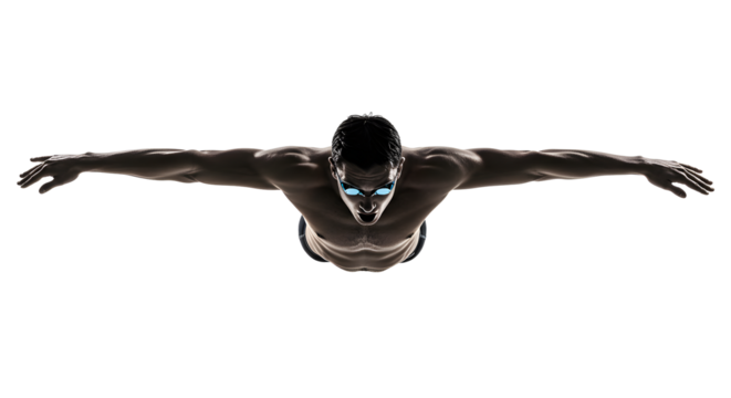 Futuristic humanoid figure soaring through the air with outstretched arms, set against a minimalist background for dynamic visuals