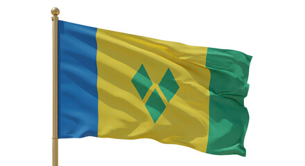 Vibrant flag of Saint Vincent and the Grenadines waving against a clear blue sky, symbolizing national pride and unity