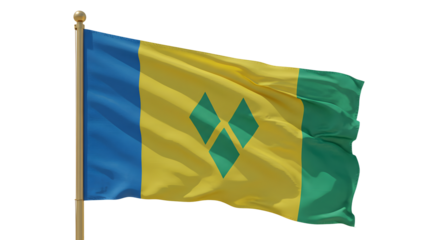 Vibrant flag of Saint Vincent and the Grenadines waving against a clear blue sky, symbolizing national pride and unity