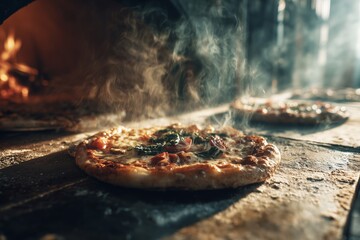 Close-up of a pizza baking in a wood-fired oven, surrounded by open flames and rising steam. Authentic Italian cooking atmosphere, rustic textures, glowing firelight, and smoky ambiance. Ideal for foo