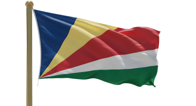 Vibrant flag of Seychelles waving in the wind, symbolizing national pride against a clear blue sky backdrop