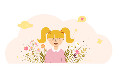 GirlCute smiling girl with pigtails surrounded by flowers and speech bubbles. Flat cartoon spring illustration with nature, kids and happiness theme. Pastel colors, cheerful mood.