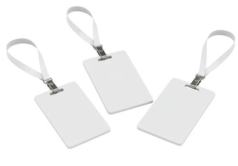 Fototapeta premium Three blank, white, rectangular id badges with white lanyards and metal clasps, arranged at unique angles on a bright, transparent studio background with no shadows, in ultra-realistic uhd product
