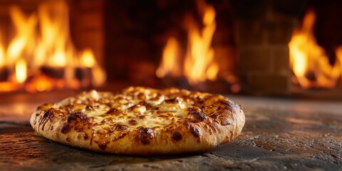 Close-up of a pizza baking in a wood-fired oven, surrounded by open flames and rising steam. Authentic Italian cooking atmosphere, rustic textures, glowing firelight, and smoky ambiance. Ideal for foo