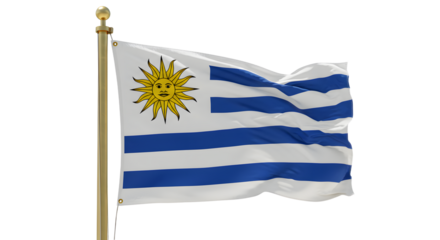 Vibrant flag of Uruguay waving proudly, showcasing its distinct sun emblem and blue stripes against a clear sky