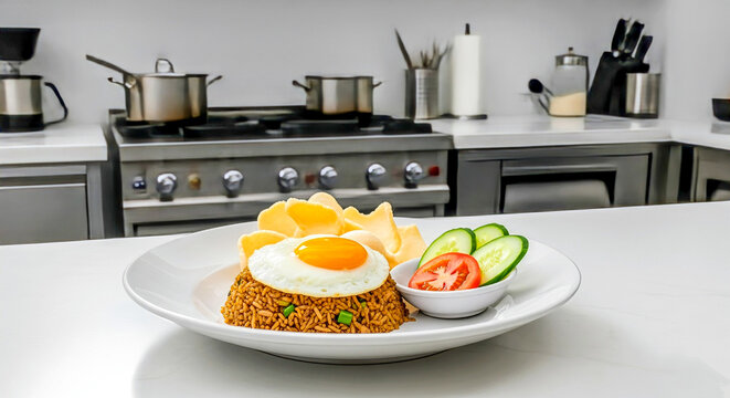 Indonesian fried rice (nasi goreng) with sunny-side egg, cucumber, tomato, and krupuk served on a white plate in a clean, modern kitchen setting. Restaurant or cafe menu book, recipe idea. 