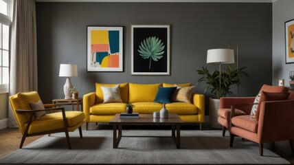 Modern living room with yellow sofa