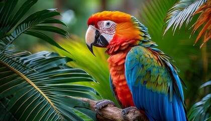 Obraz premium a serene tropical scene featuring a vibrant parrot perched on a branch the bird with its rich plumage stands out against the backdrop of lush green foliage