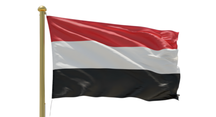 Vibrant flag of Yemen waving against a clear sky, symbolizing national pride and unity, with a serene backdrop