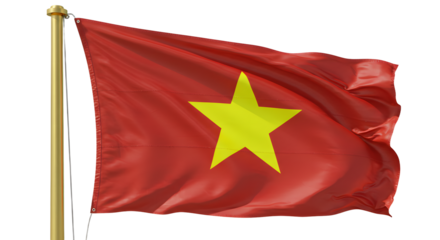Vibrant flag of Vietnam waving against a clear blue sky, symbolizing national pride and cultural identity