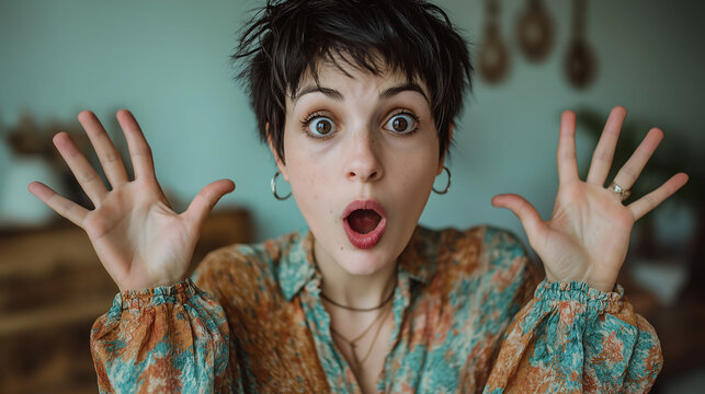 Surprised woman with black pixie bob haircut looking at camera with hands spread