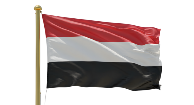 Vibrant flag of Yemen waving against a clear sky, symbolizing national pride and unity, with a serene backdrop