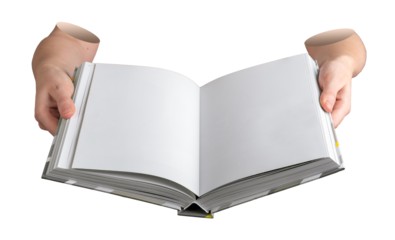 Education theme with hand holding book. The opened pages are white, clean, and blank, with a calm