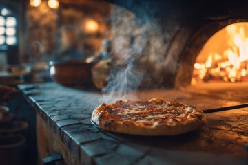 Close-up of a pizza baking in a wood-fired oven, surrounded by open flames and rising steam. Authentic Italian cooking atmosphere, rustic textures, glowing firelight, and smoky ambiance. Ideal for foo