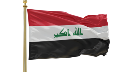 Vibrant Iraqi flag waving proudly, showcasing its colors while symbolizing national pride against a clear sky