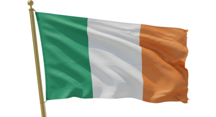 Vibrant Irish flag waving proudly against a clear blue sky, symbolizing national identity and cultural pride