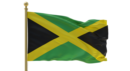 Vibrant Jamaican flag waving in the wind against a clear blue sky, symbolizing national pride and cultural identity