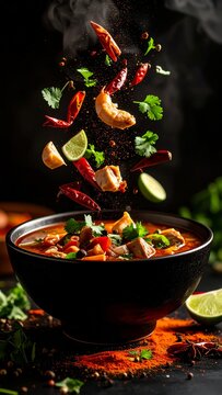 Artistic Food Composition: Spicy Mauritian Rougaille with Floating Ingredients Arrangement