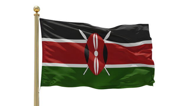 Vibrant Kenyan flag waving proudly against a clear blue sky, symbolizing national pride and unity in a serene setting