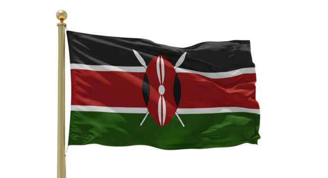 Vibrant Kenyan flag waving proudly against a clear blue sky, symbolizing national pride and unity in a serene setting