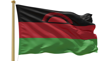 Vibrant Malawi flag waving against a clear sky, symbolizing national pride and unity, with a serene backdrop