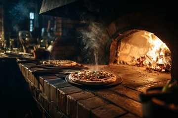 Close-up of a pizza baking in a wood-fired oven, surrounded by open flames and rising steam. Authentic Italian cooking atmosphere, rustic textures, glowing firelight, and smoky ambiance. Ideal for foo