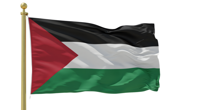 Vibrant Palestinian flag waving against a clear blue sky, symbolizing national identity and pride, with no distractions