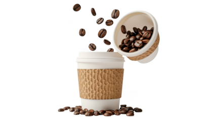 Freshly roasted coffee beans pouring from a small cup into a to go coffee cup isolated on transparent background