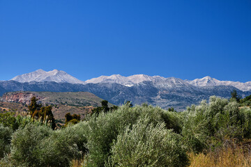 A valley and rocky peaks in the Lefka Ori mountains on the island of Crete