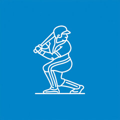 Obraz premium Simple white line drawing of baseball player resembling Barry Bonds on bright blue background. Minimalistic, symmetrical flat vector graphic