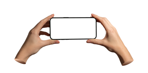 Horizontal smartphone mockup in two hands. Clean screen for digital content or promo. Isolated on