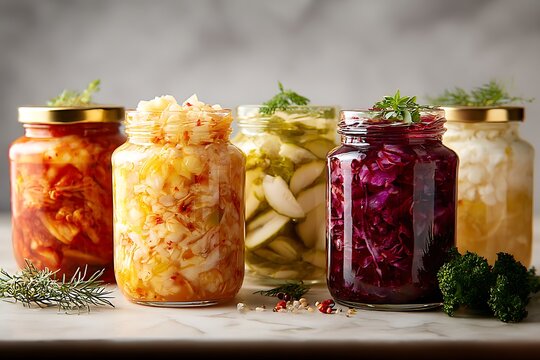 fermentation, fermenting vegetables in jars, food trends. A vibrant array of diverse fermented foods in glass jars, kimchi, sauerkraut, and pickled vegetables, gut health, home preservation	