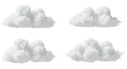 transparent, fluffy, billowy clouds, rendered as standalone objects with distinct contours, set against an expansive, transparent plain under bright diffused studio light, UHD 3/4 view, concept of