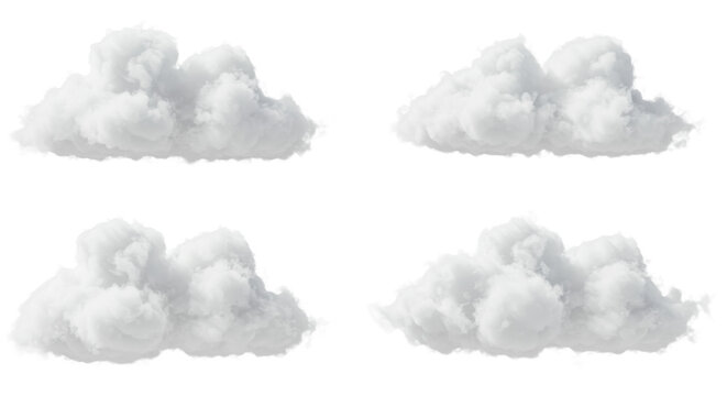 transparent, fluffy, billowy clouds, rendered as standalone objects with distinct contours, set against an expansive, transparent plain under bright diffused studio light, UHD 3/4 view, concept of