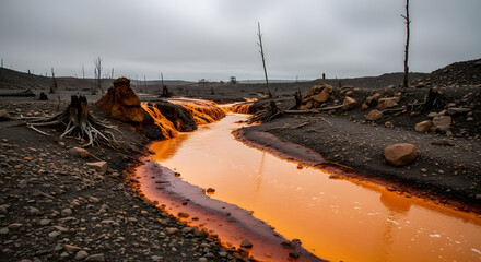 The River of Iron Oxide Flows Through a Barren Landscape, A Stream of Orange Water Cuts Through a Rocky, Desolate Plain