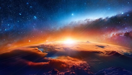 abstract celestial landscape depicting a vibrant galactic nebula with glowing orange and blue photo