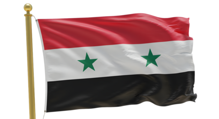 Vibrant waving flag of Syria, showcasing its red, white, black stripes, and green stars against a clear sky