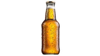 Refreshing Golden Beer Bottle with Condensation Drops Isolated on Transparent Background