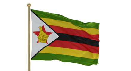Vibrant Zimbabwean flag waving against a clear blue sky, symbolizing national pride and identity in a serene landscape