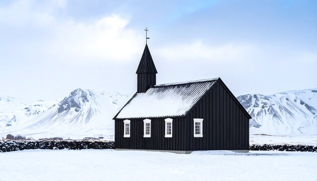 Snowy black church nestled in wintry landscape - Powered by Adobe