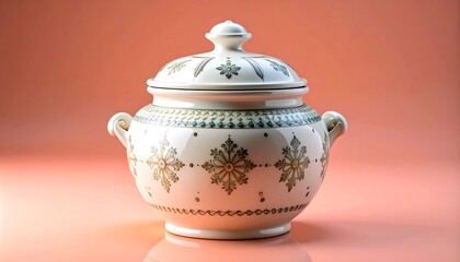 Covered Serving Dish with Decorative Pattern on Orange Background
